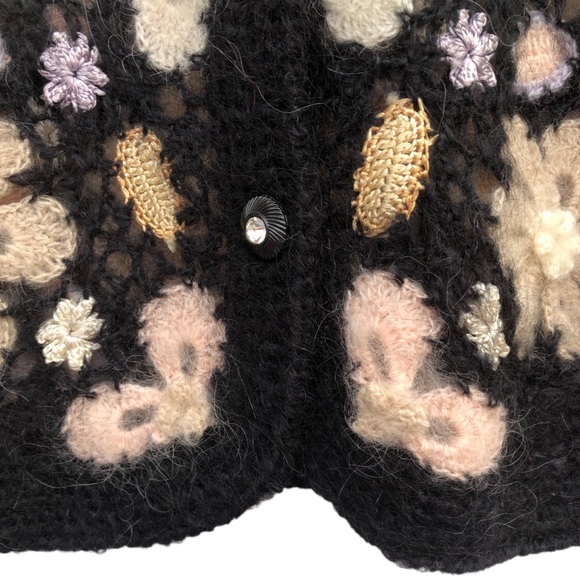 RARE‼️ Crochet Cardigan Mohair Black Floral Button Down , by Flame Size L - Picture 10 of 16